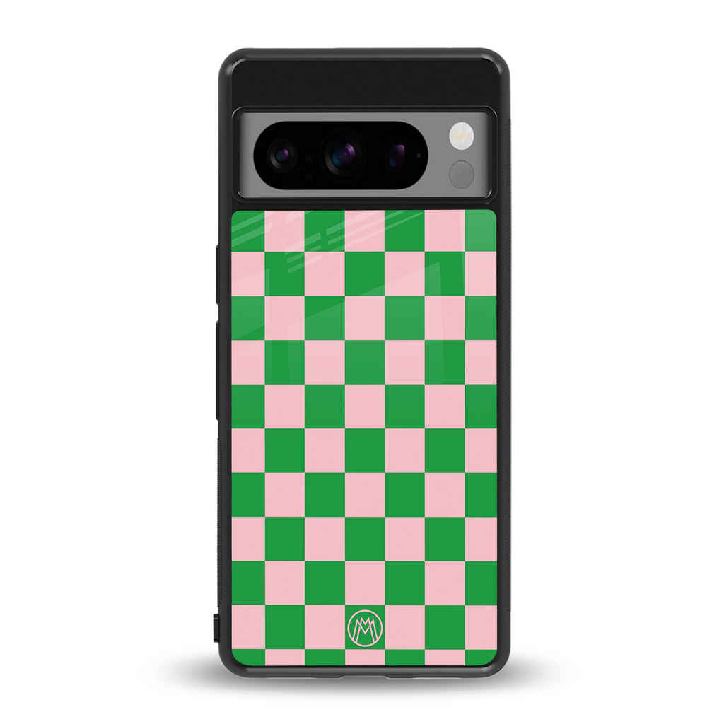 pink & green check pattern back phone cover | glass case for google pixel 8 pro