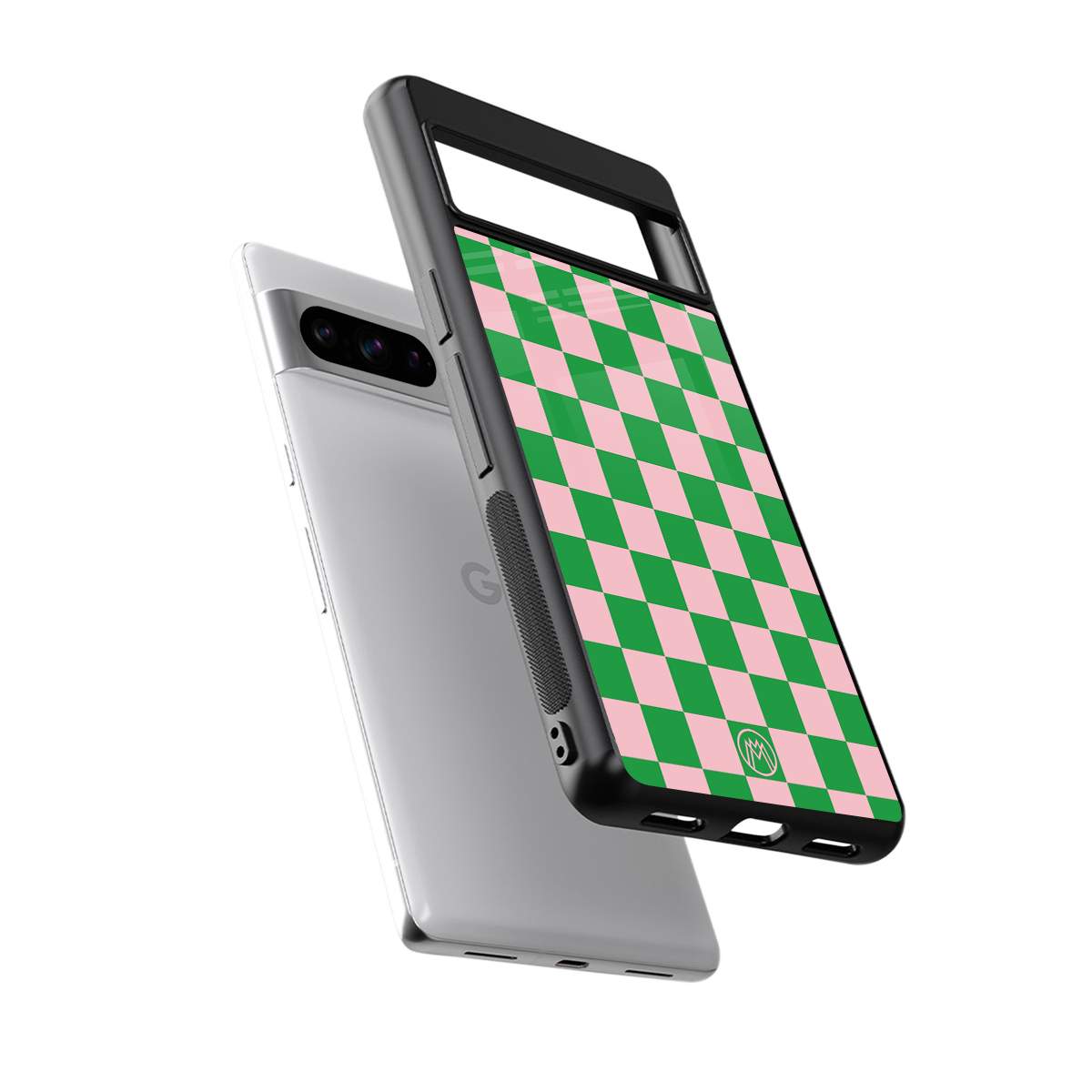 pink & green check pattern back phone cover | glass case for google pixel 8 pro