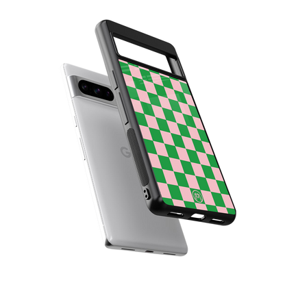 pink & green check pattern back phone cover | glass case for google pixel 8 pro