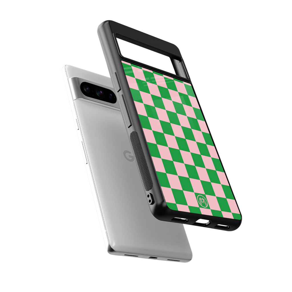 pink & green check pattern back phone cover | glass case for google pixel 8 pro