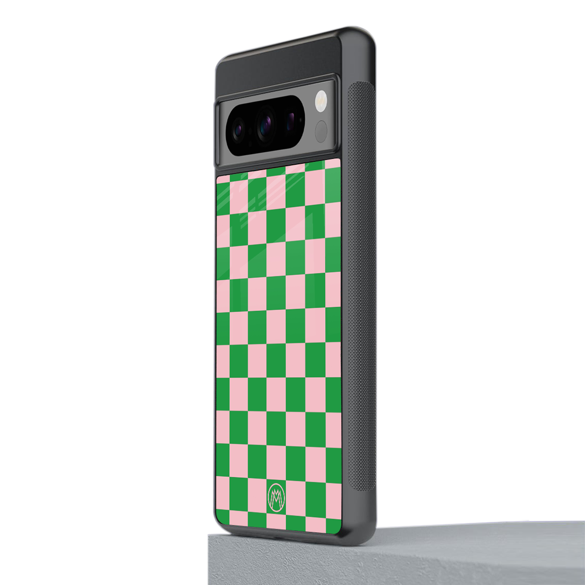 pink & green check pattern back phone cover | glass case for google pixel 8 pro