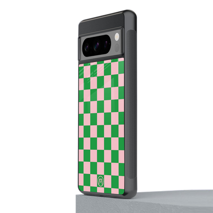 pink & green check pattern back phone cover | glass case for google pixel 8 pro