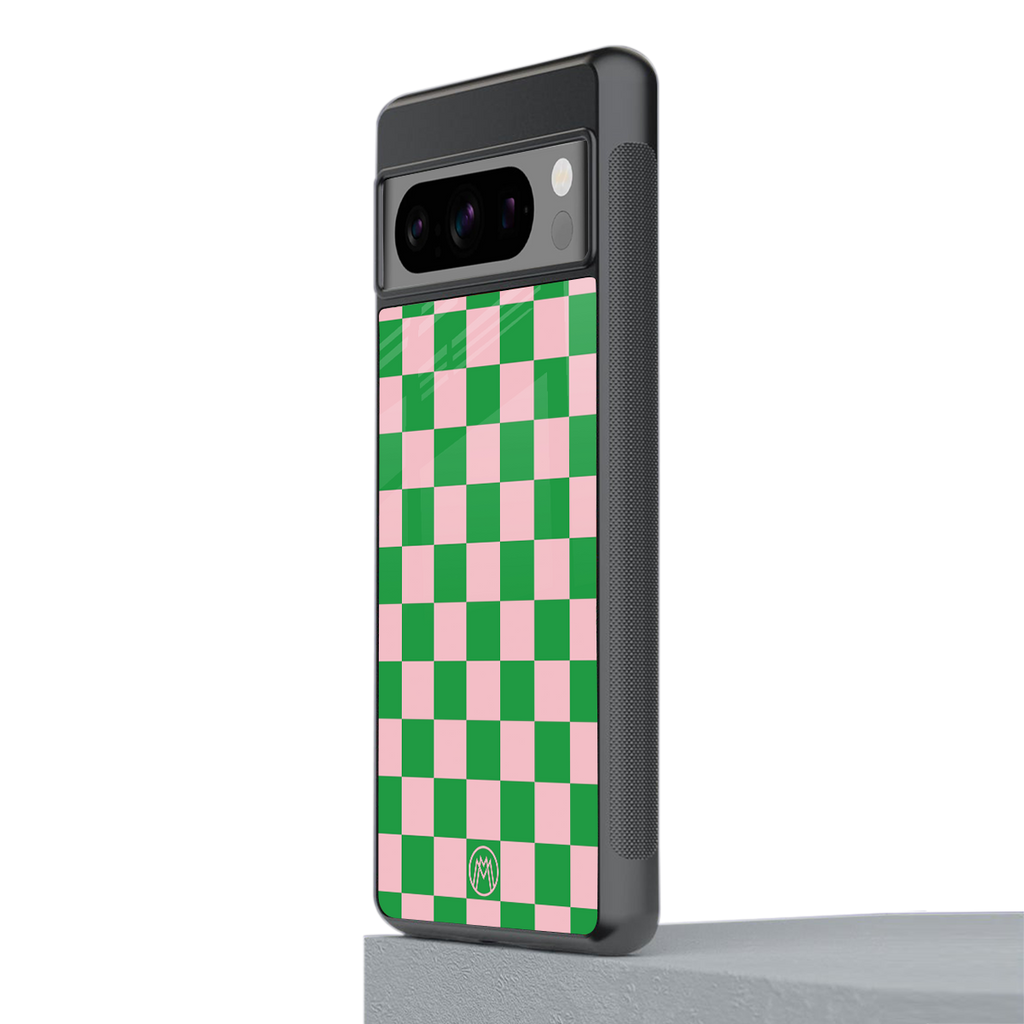 pink & green check pattern back phone cover | glass case for google pixel 8 pro