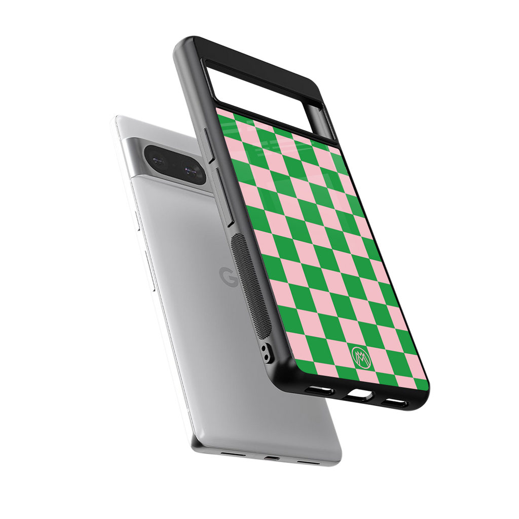 pink & green check pattern back phone cover | glass case for Google Pixel 8