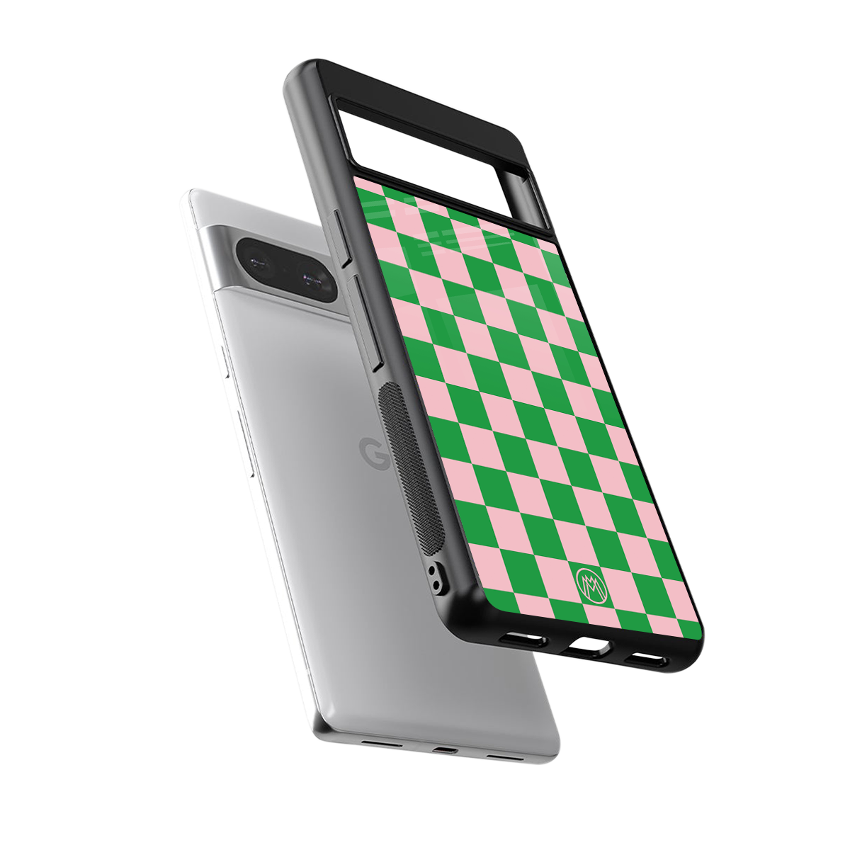 pink & green check pattern back phone cover | glass case for Google Pixel 8