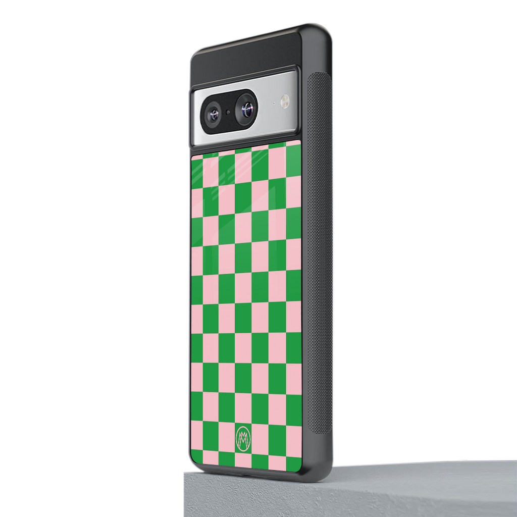 pink & green check pattern back phone cover | glass case for Google Pixel 8