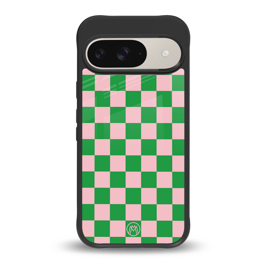 pink & green check pattern back phone cover | glass case for google pixel 9