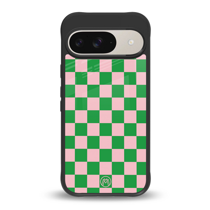 pink & green check pattern back phone cover | glass case for google pixel 9