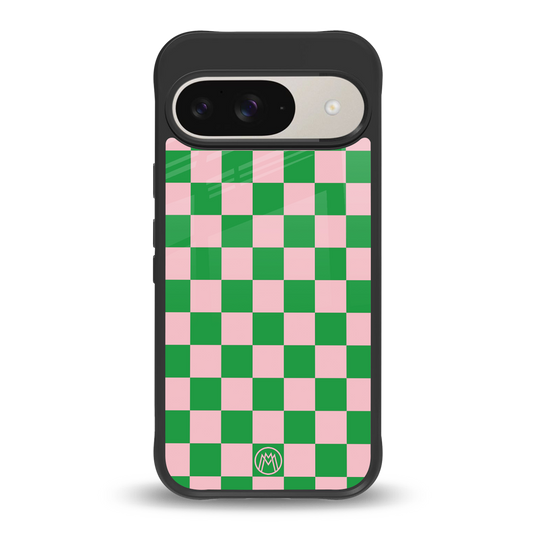 pink & green check pattern back phone cover | glass case for google pixel 9