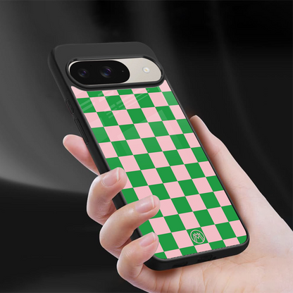pink & green check pattern back phone cover | glass case for google pixel 9