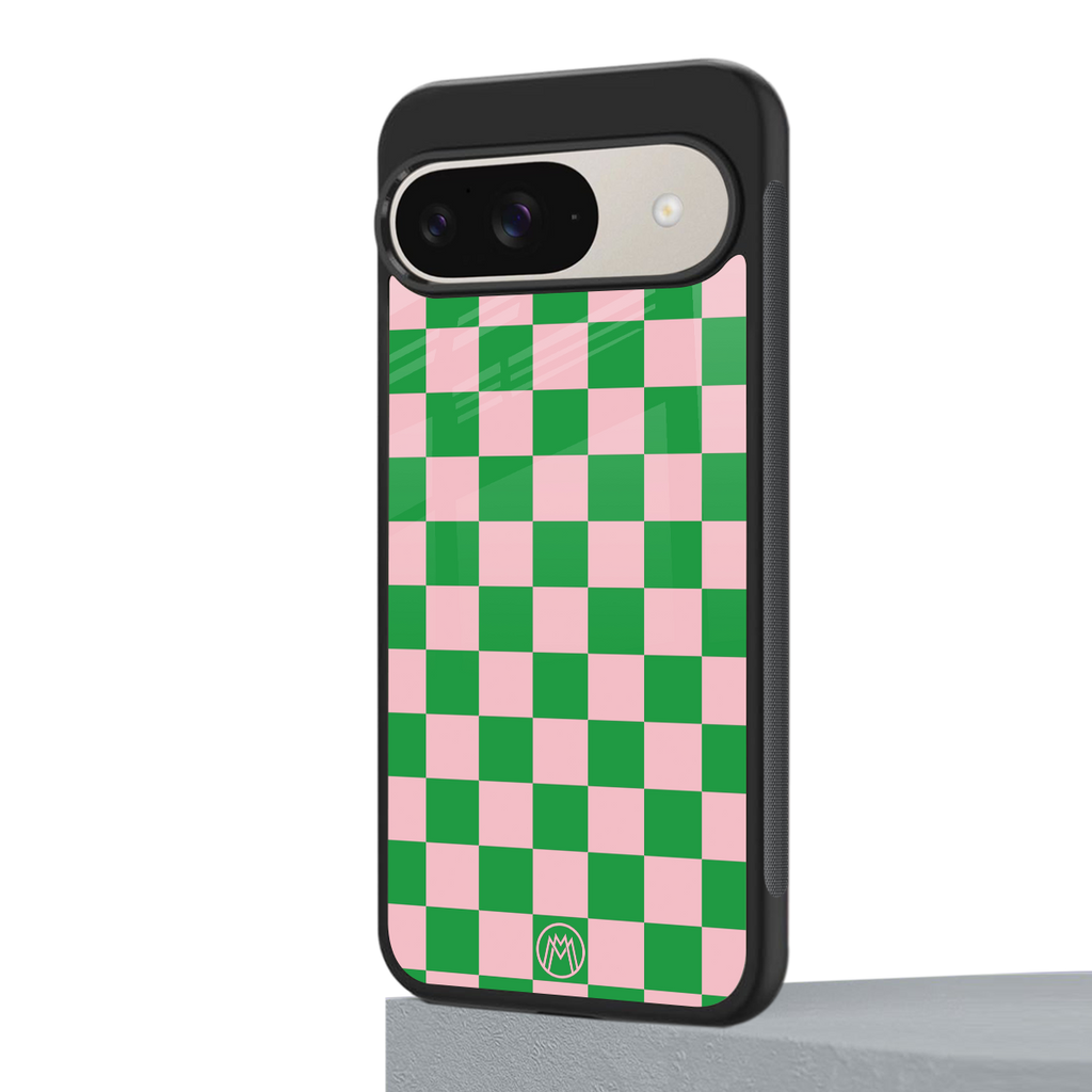 pink & green check pattern back phone cover | glass case for google pixel 9