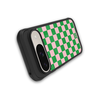 pink & green check pattern back phone cover | glass case for google pixel 9