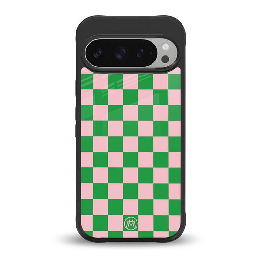 pink & green check pattern back phone cover | glass case for google pixel 9 pro xl