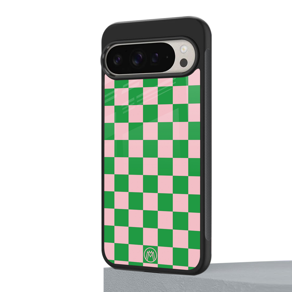 pink & green check pattern back phone cover | glass case for google pixel 9 pro
