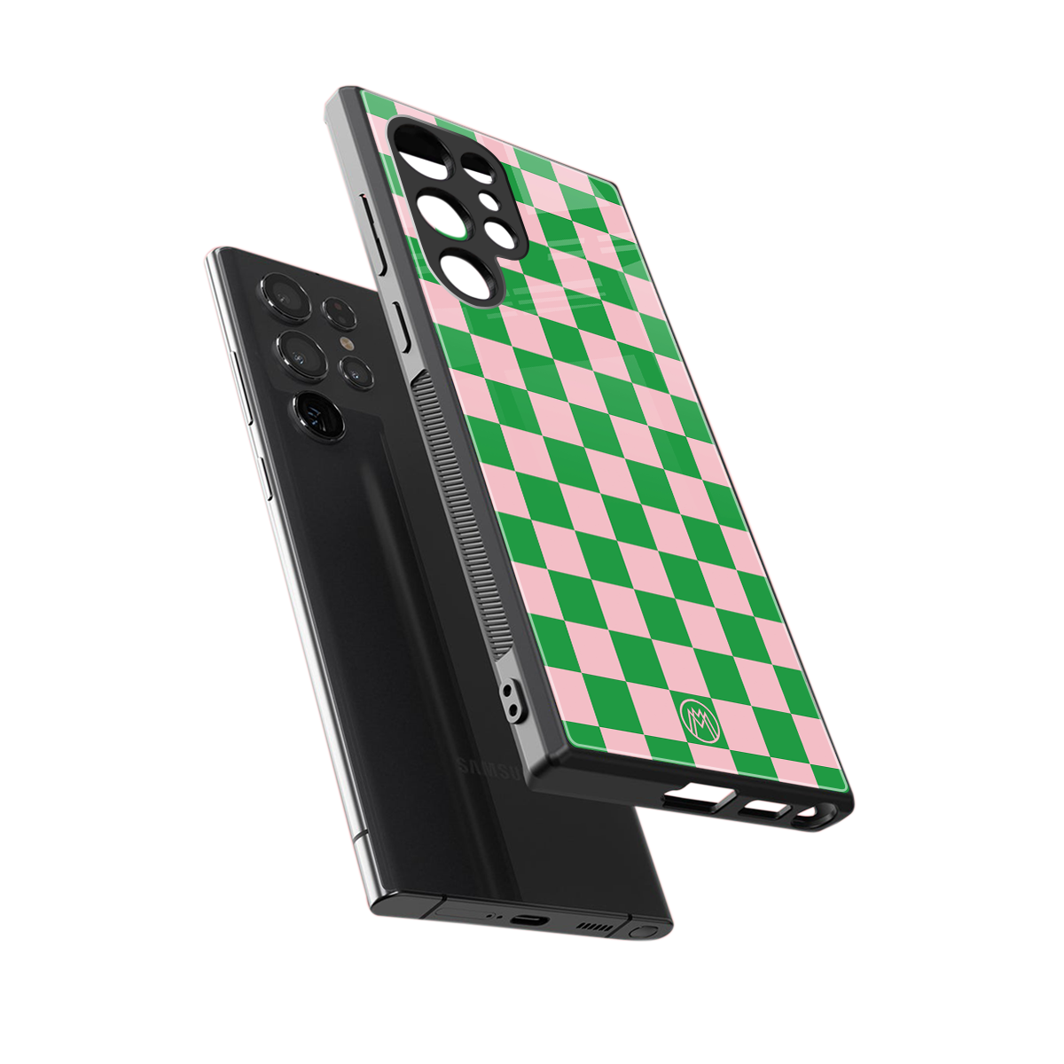 pink & green check pattern back phone cover | glass case for samsung galaxy s24 ultra