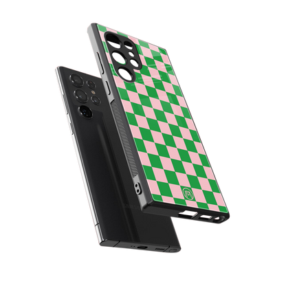 pink & green check pattern back phone cover | glass case for samsung galaxy s24 ultra