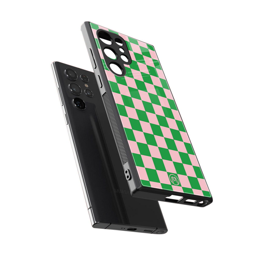 pink & green check pattern back phone cover | glass case for samsung galaxy s23 ultra