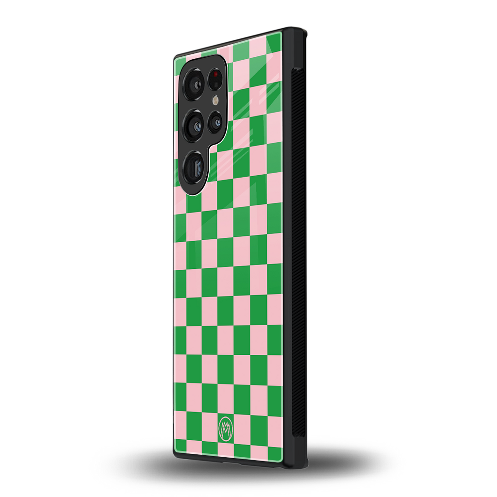 pink & green check pattern back phone cover | glass case for samsung galaxy s23 ultra