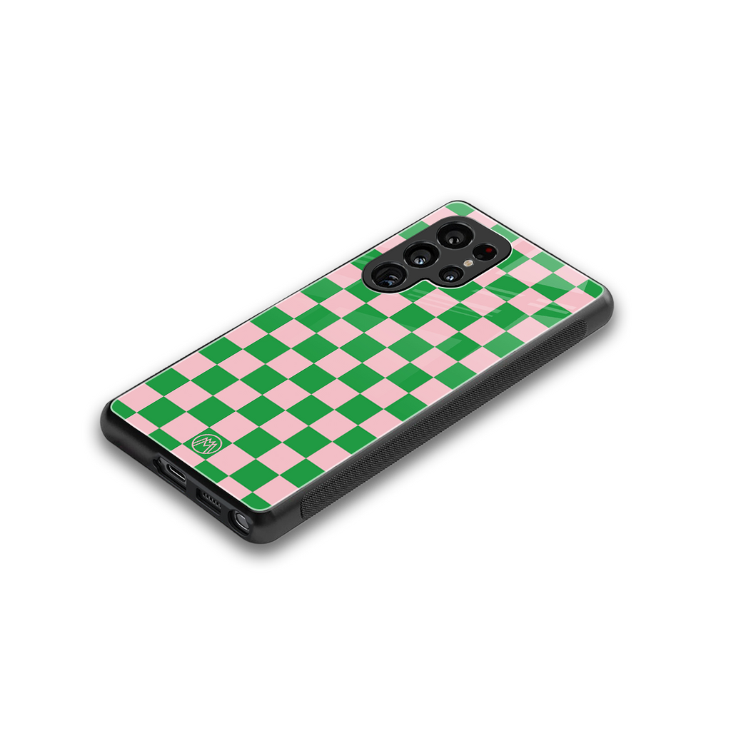 pink & green check pattern back phone cover | glass case for samsung galaxy s25 ultra