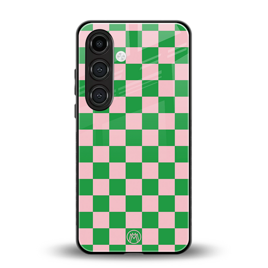 pink & green check pattern back phone cover | glass case for samsung galaxy s24 fe