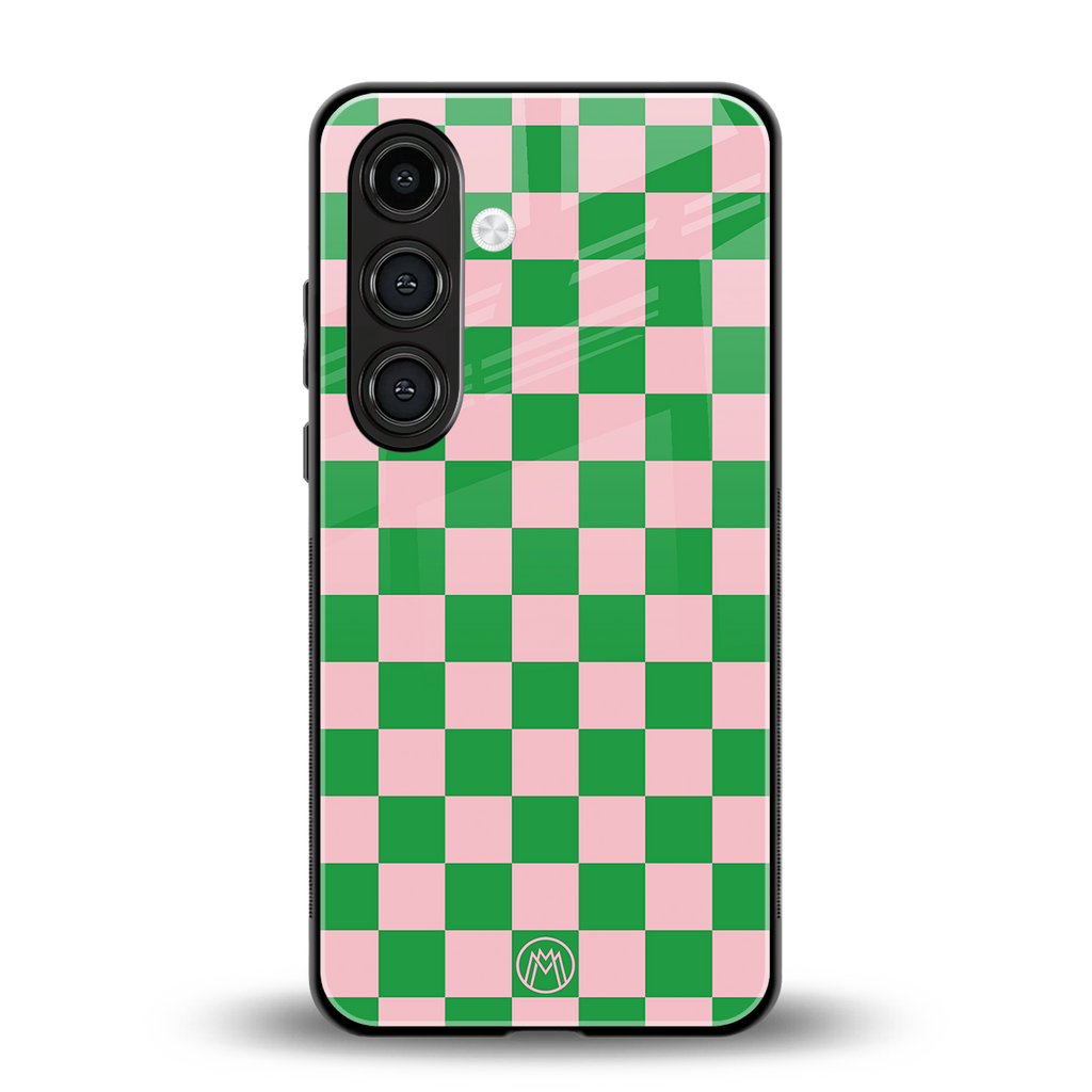 pink & green check pattern back phone cover | glass case for samsung galaxy s24 plus