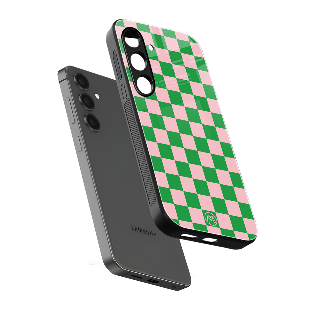 pink & green check pattern back phone cover | glass case for samsung galaxy s24
