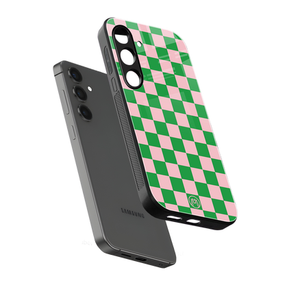 pink & green check pattern back phone cover | glass case for samsung galaxy s23 fe