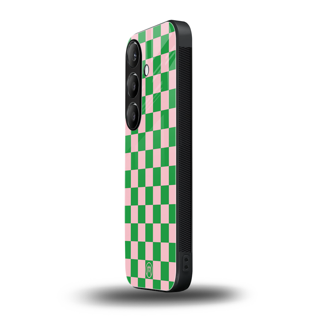 pink & green check pattern back phone cover | glass case for samsung galaxy s24