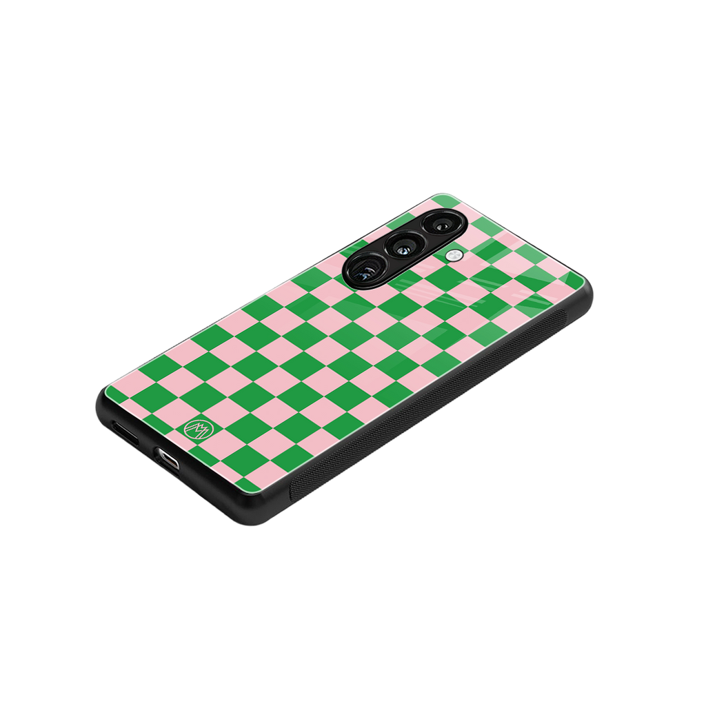 pink & green check pattern back phone cover | glass case for samsung galaxy s25