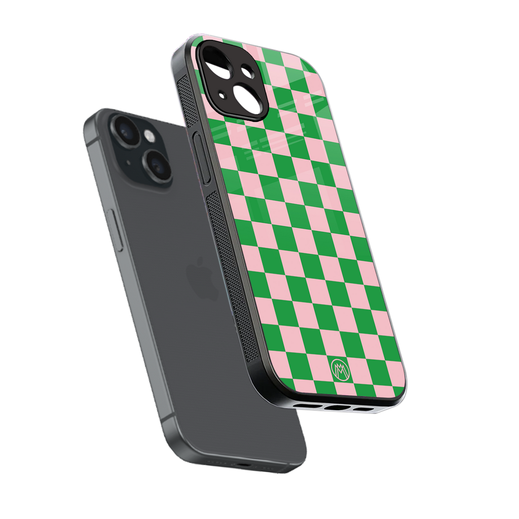 pink & green check pattern back phone cover | glass case for iphone 15