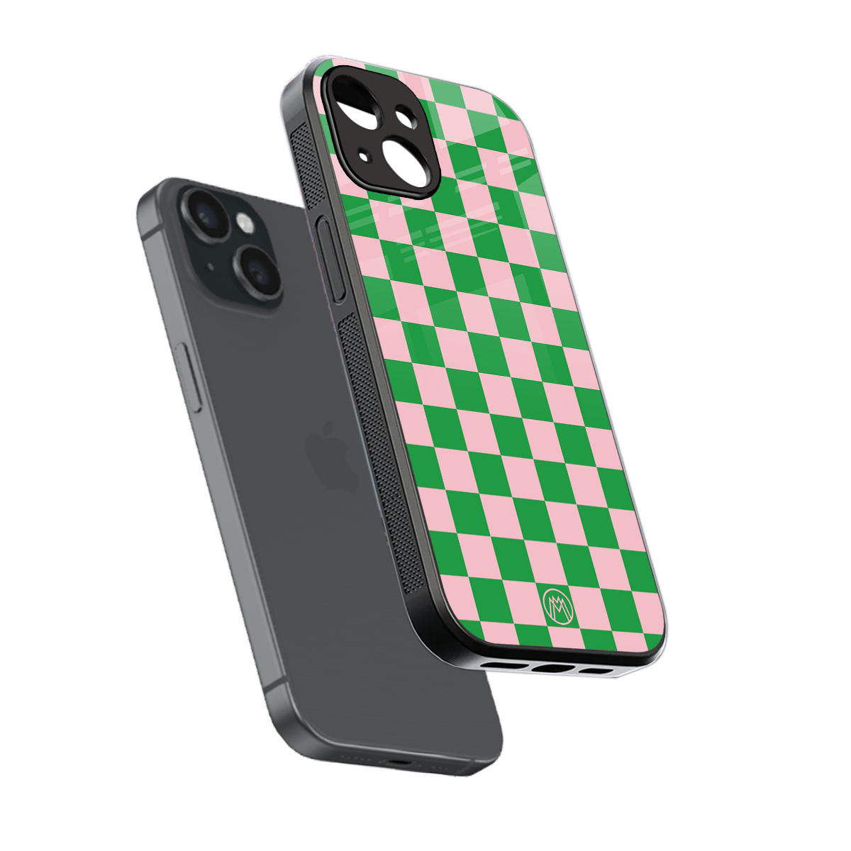 pink & green check pattern back phone cover | glass case for iphone 14
