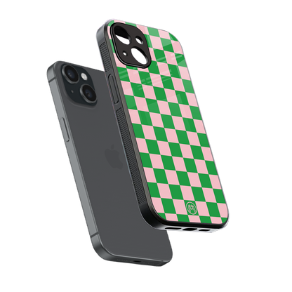 pink & green check pattern back phone cover | glass case for iphone 14
