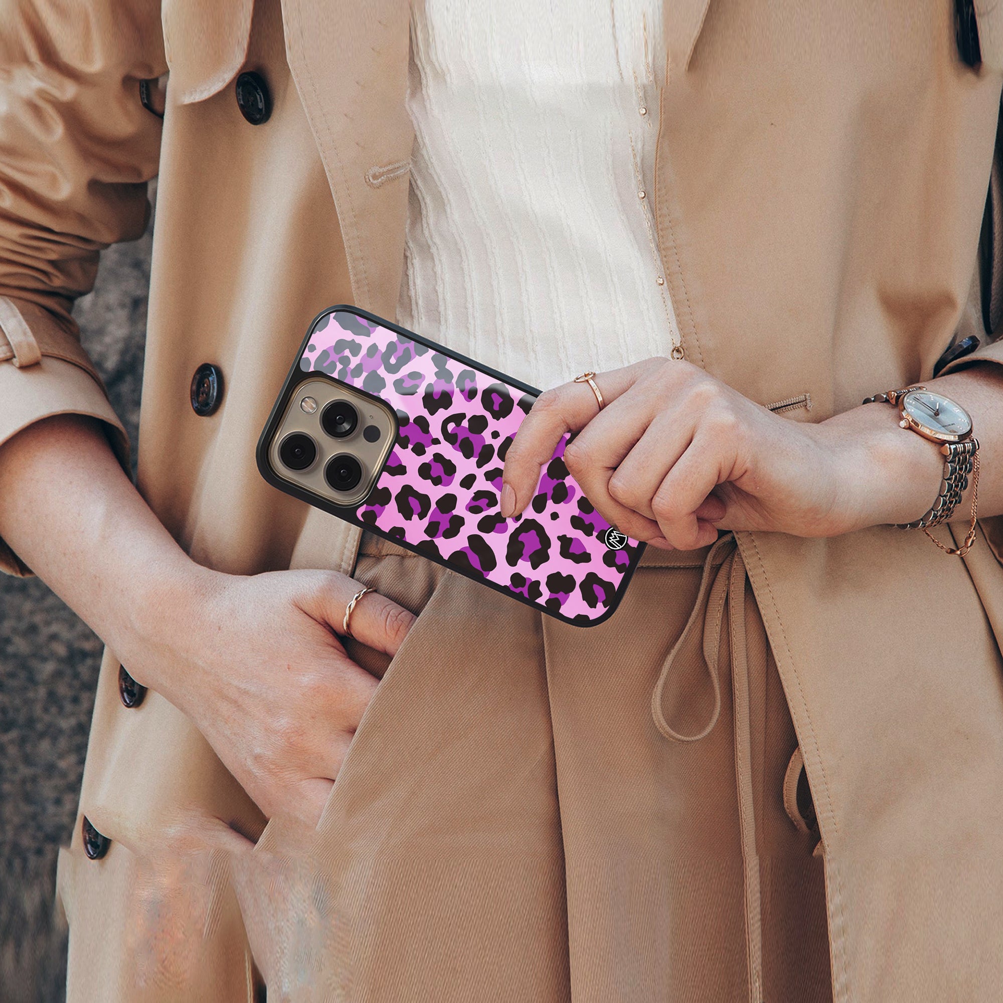 pink leopard fur back phone cover | glass case for iphone 16 pro