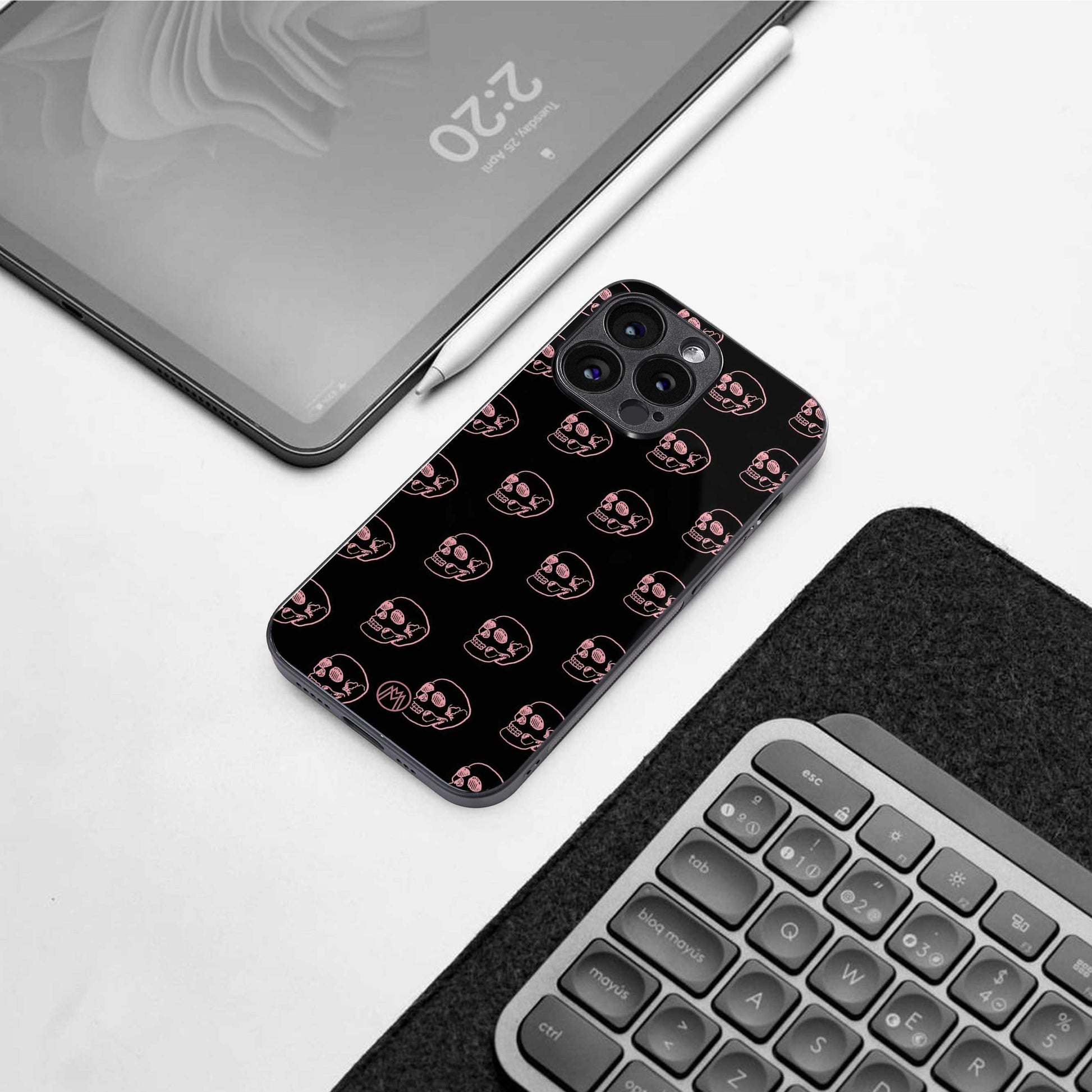 pink skull pattern back phone cover | glass case for iphone 13 pro max