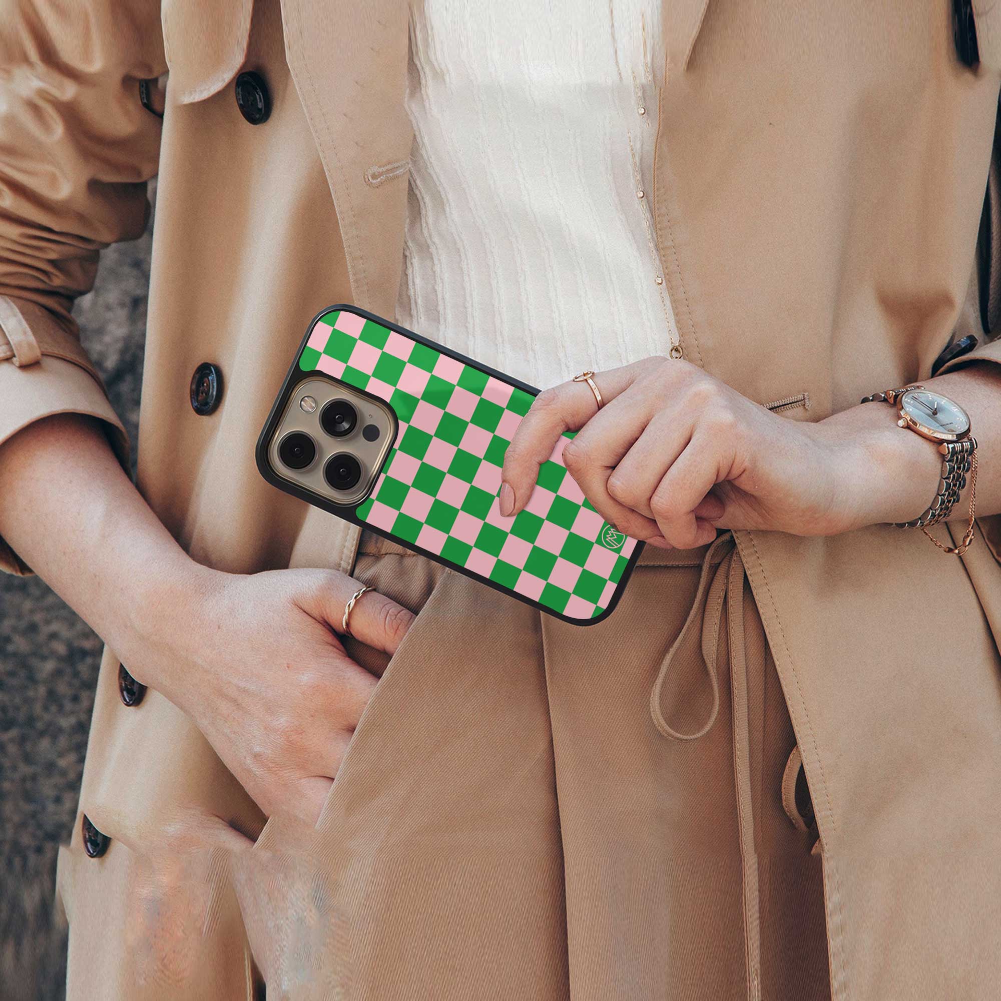 pink & green check pattern back phone cover | glass case for Google Pixel 6A
