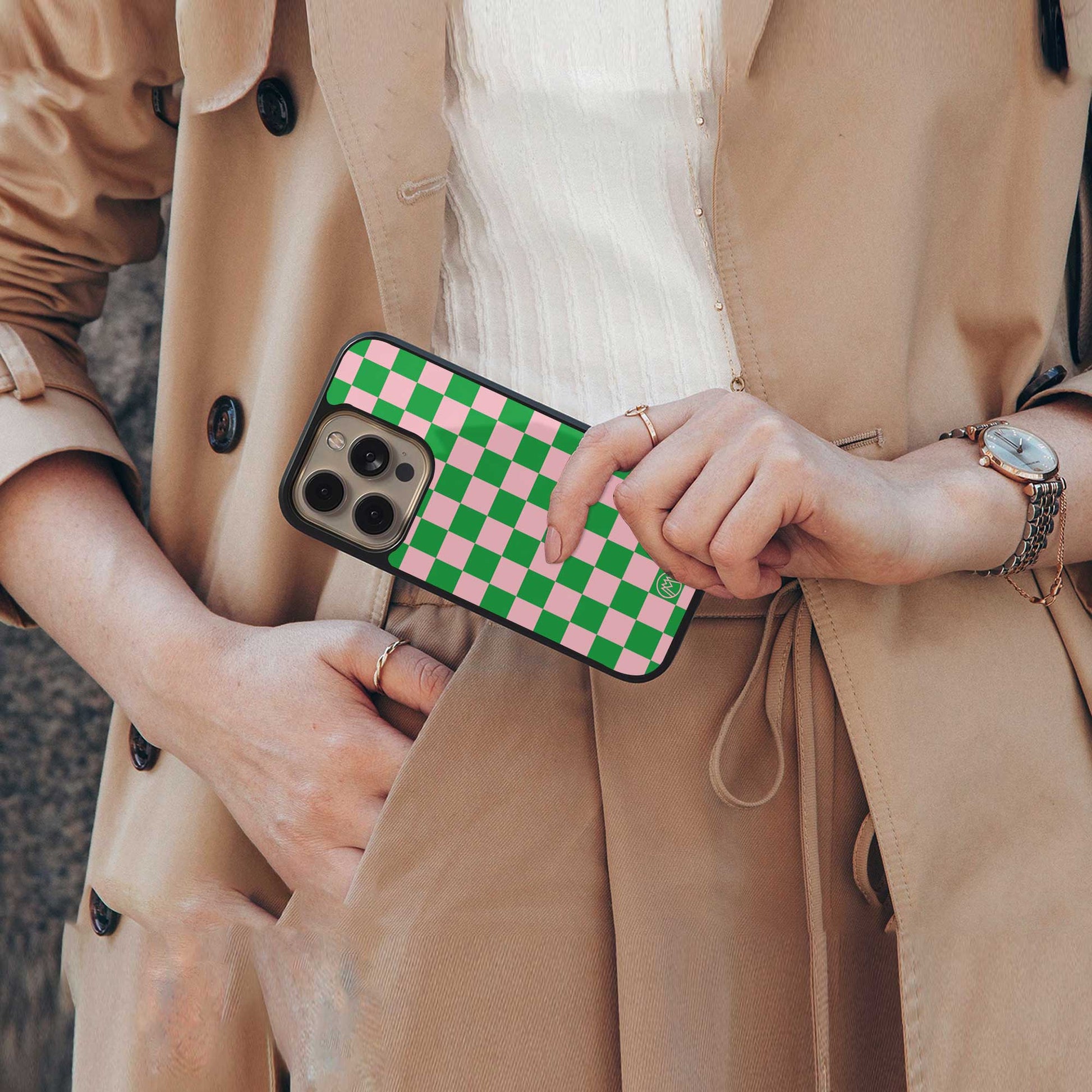 pink & green check pattern back phone cover | glass case for samsung galaxy s24 ultra