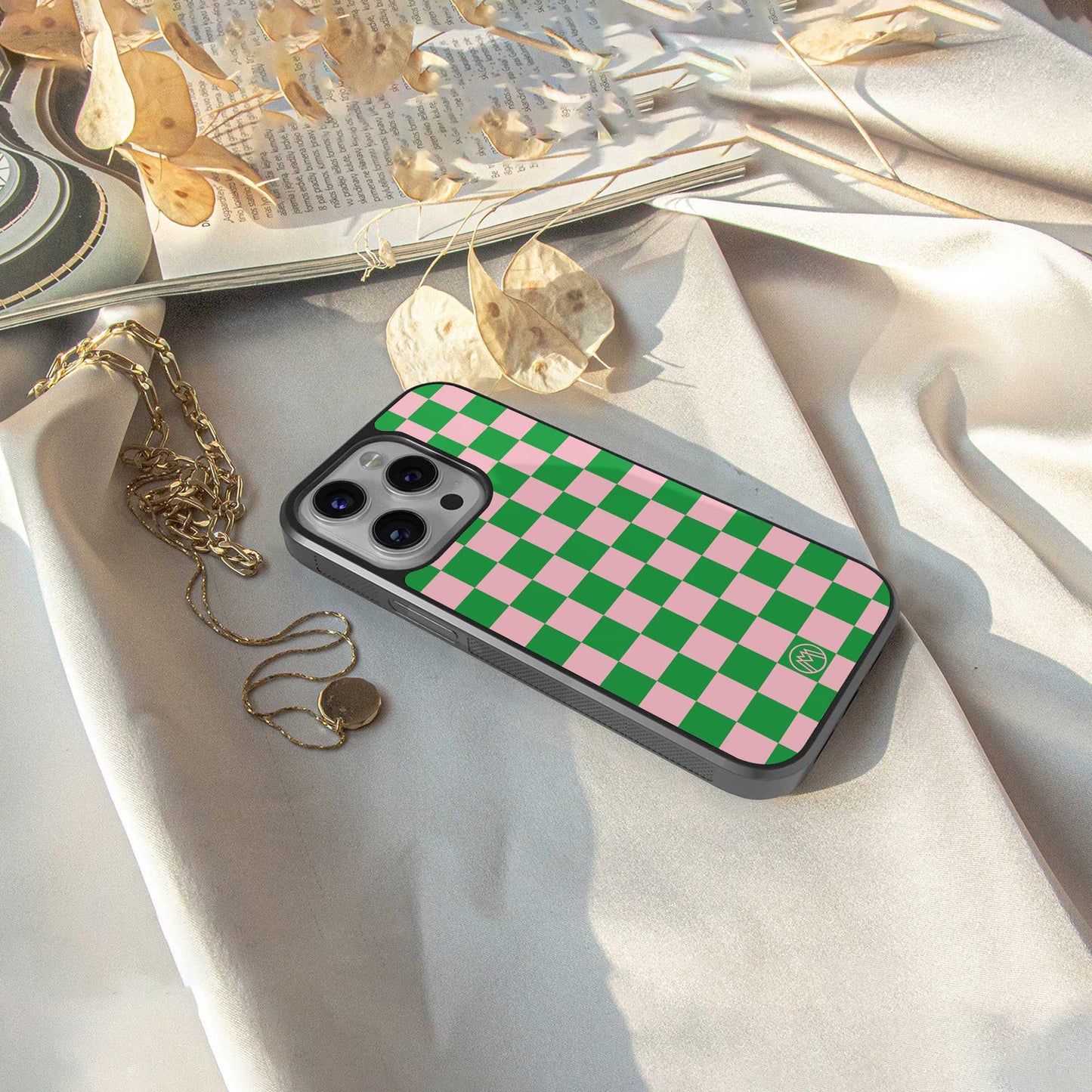 pink & green check pattern back phone cover | glass case for samsung galaxy s24 plus