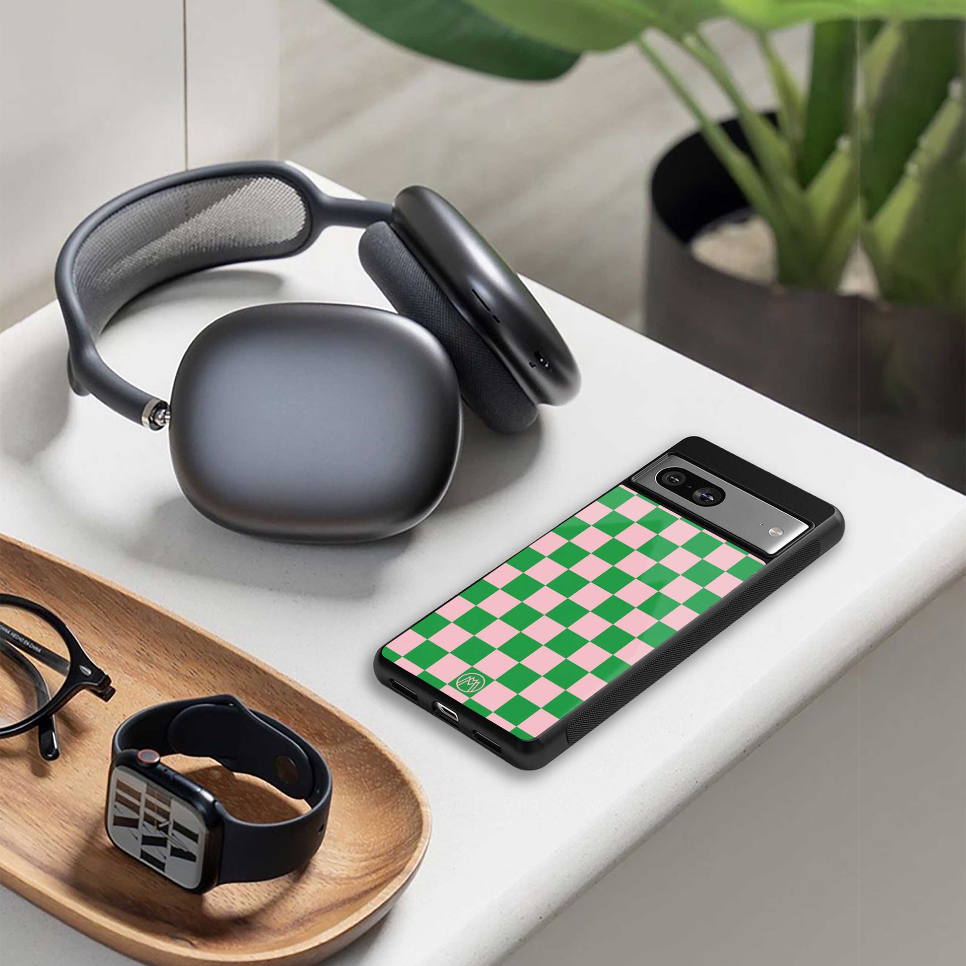 pink & green check pattern back phone cover | glass case for google pixel 7 pro
