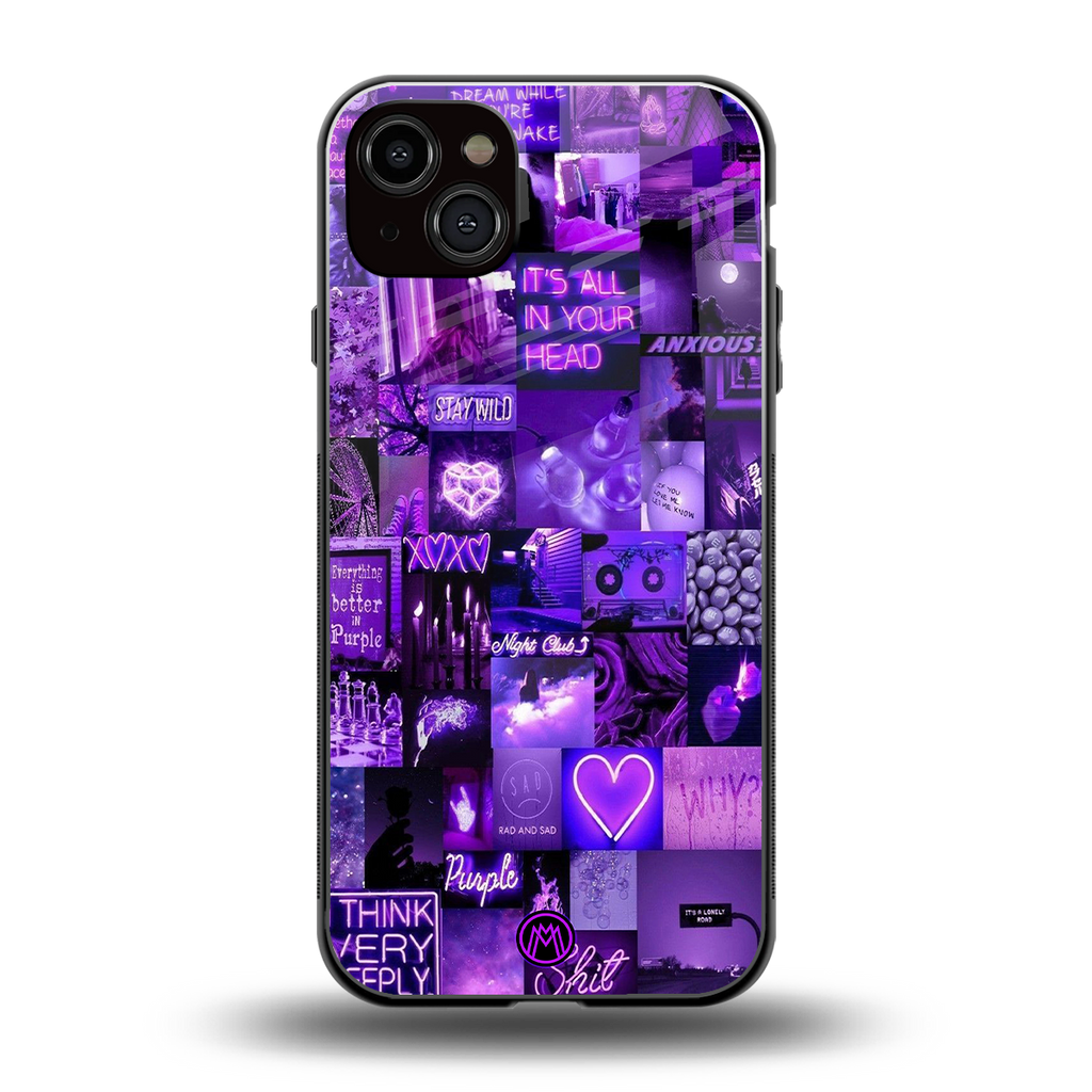 purple collage aesthetic back phone cover | glass case for iphone 15 plus