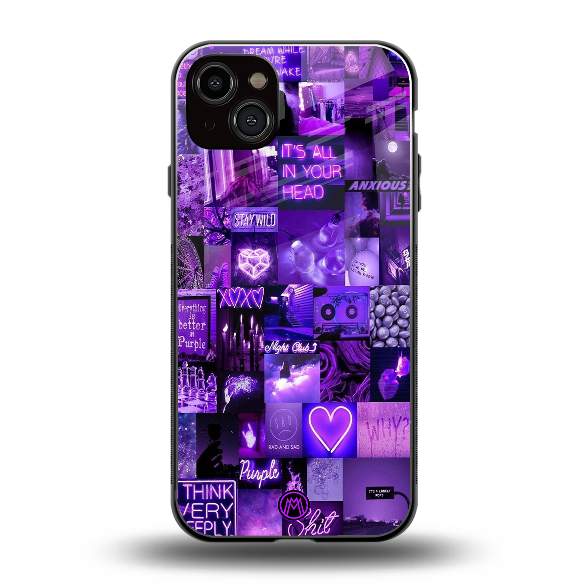 purple collage aesthetic back phone cover | glass case for iphone 15 plus