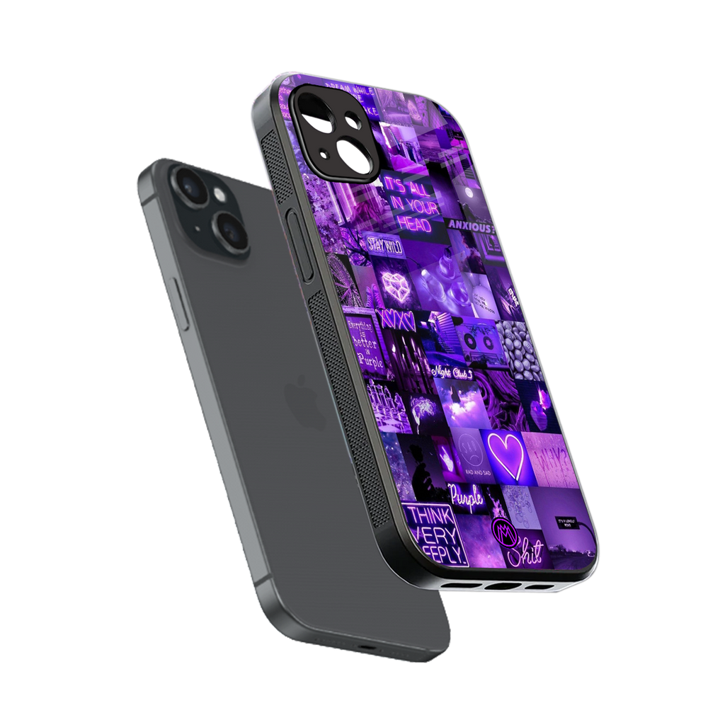 purple collage aesthetic back phone cover | glass case for iphone 15 plus