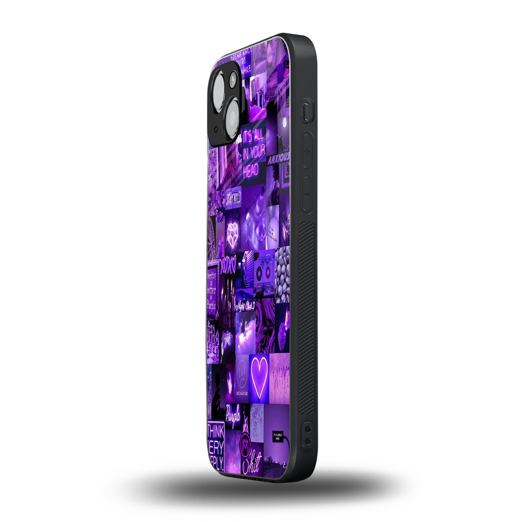 purple collage aesthetic back phone cover | glass case for iphone 15 plus