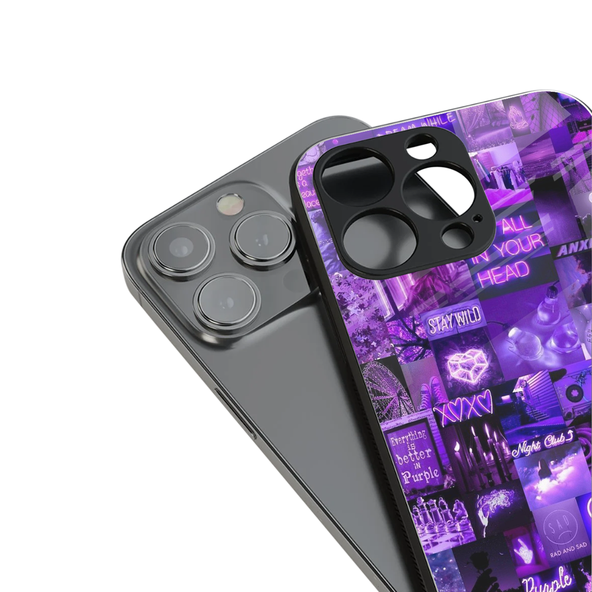 purple collage aesthetic back phone cover | glass case for iphone 15 pro