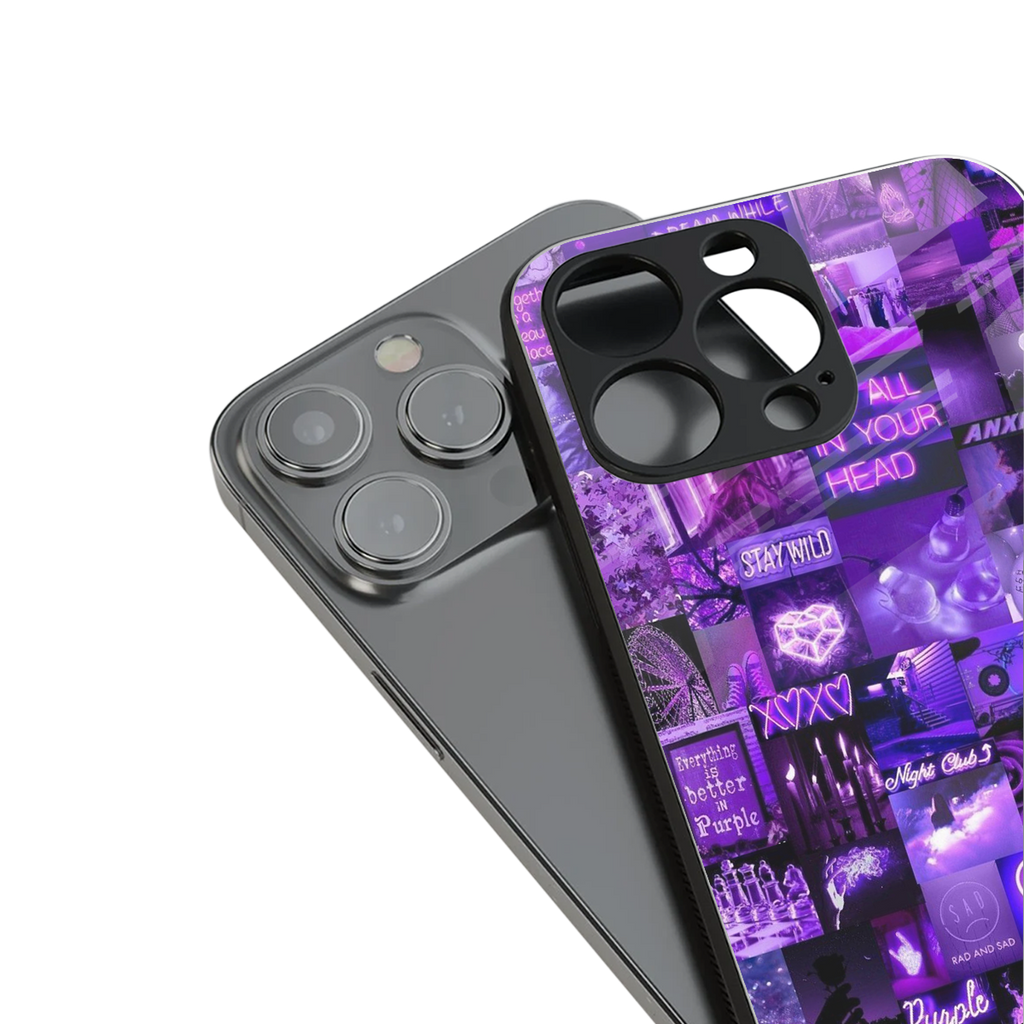 purple collage aesthetic back phone cover | glass case for iphone 14 pro max