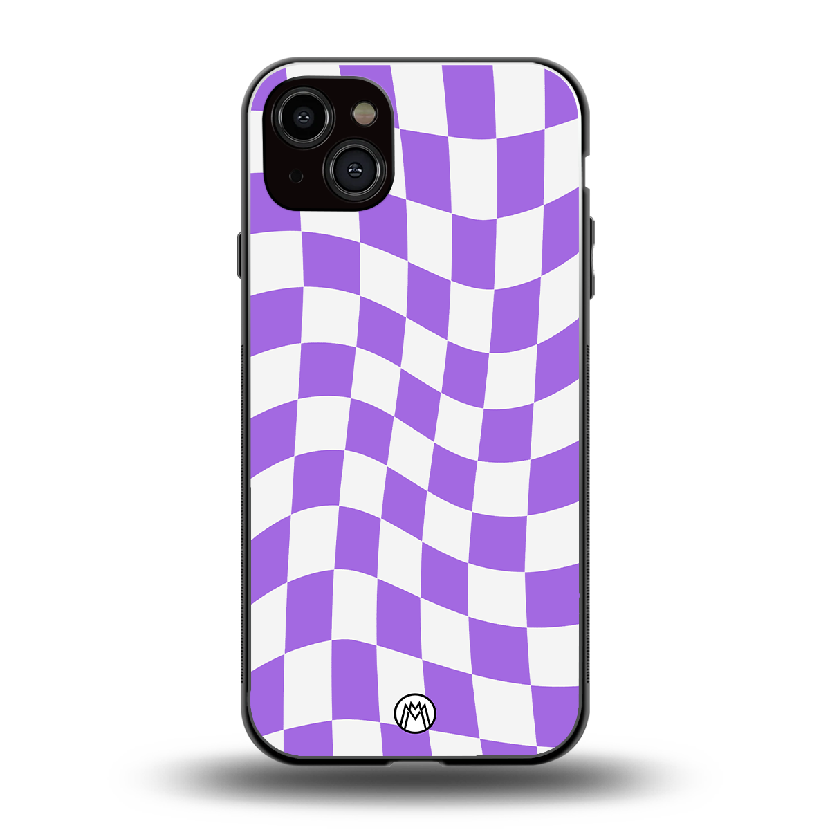 purple white trippy check pattern back phone cover | glass case for iphone 15 plus