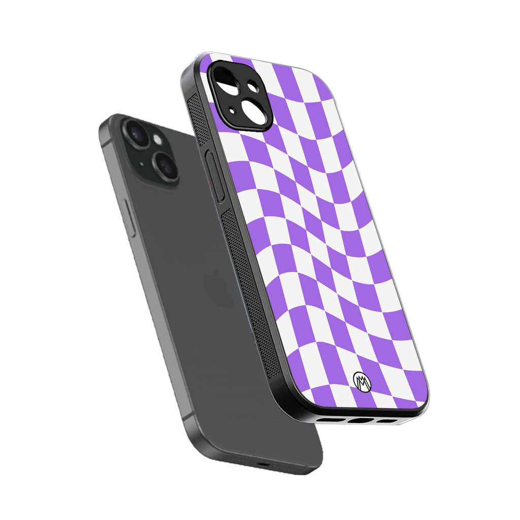 purple white trippy check pattern back phone cover | glass case for iphone 14 plus