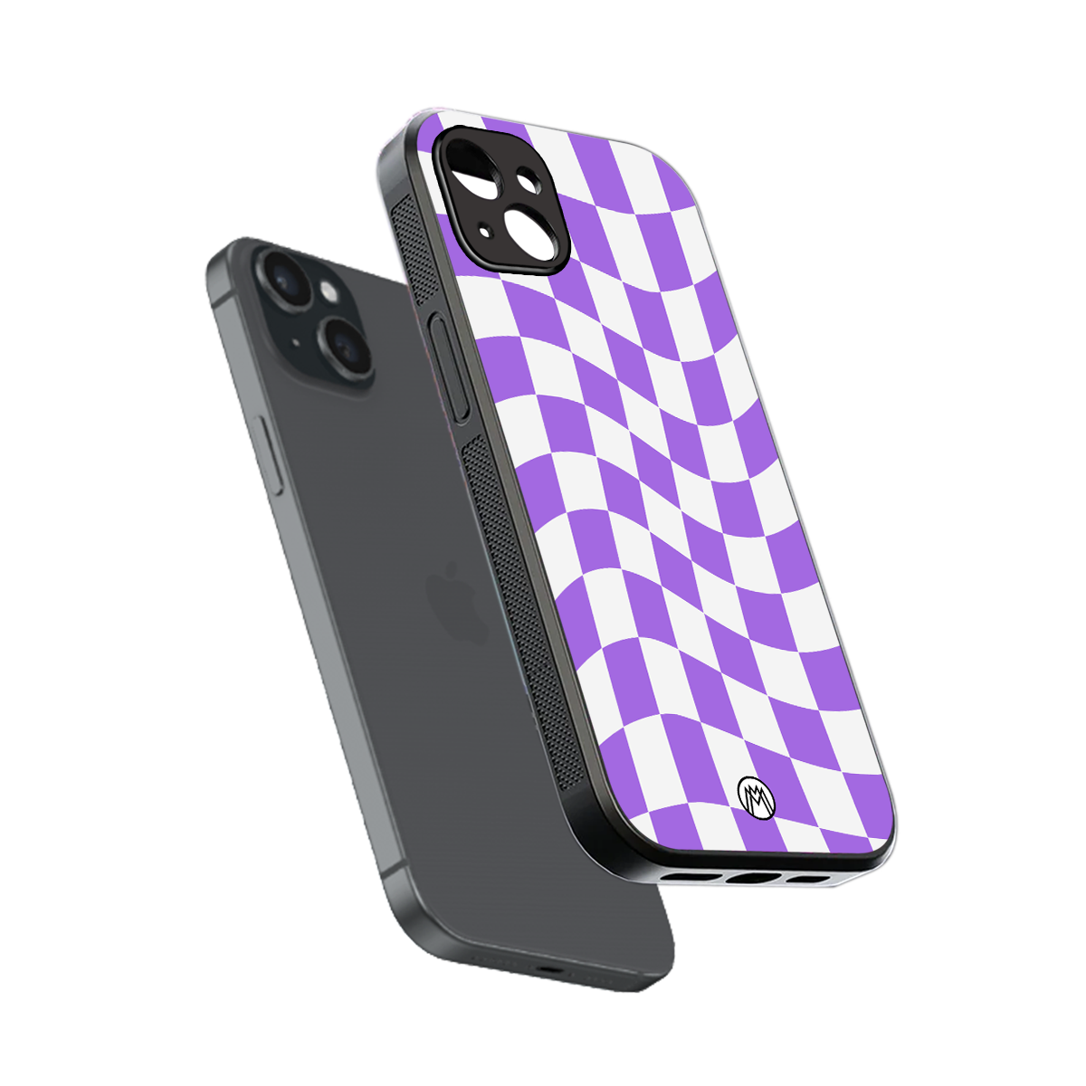 purple white trippy check pattern back phone cover | glass case for iphone 14 plus
