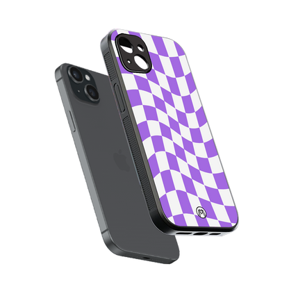 purple white trippy check pattern back phone cover | glass case for iphone 14 plus