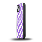 purple white trippy check pattern back phone cover | glass case for iphone 15 plus