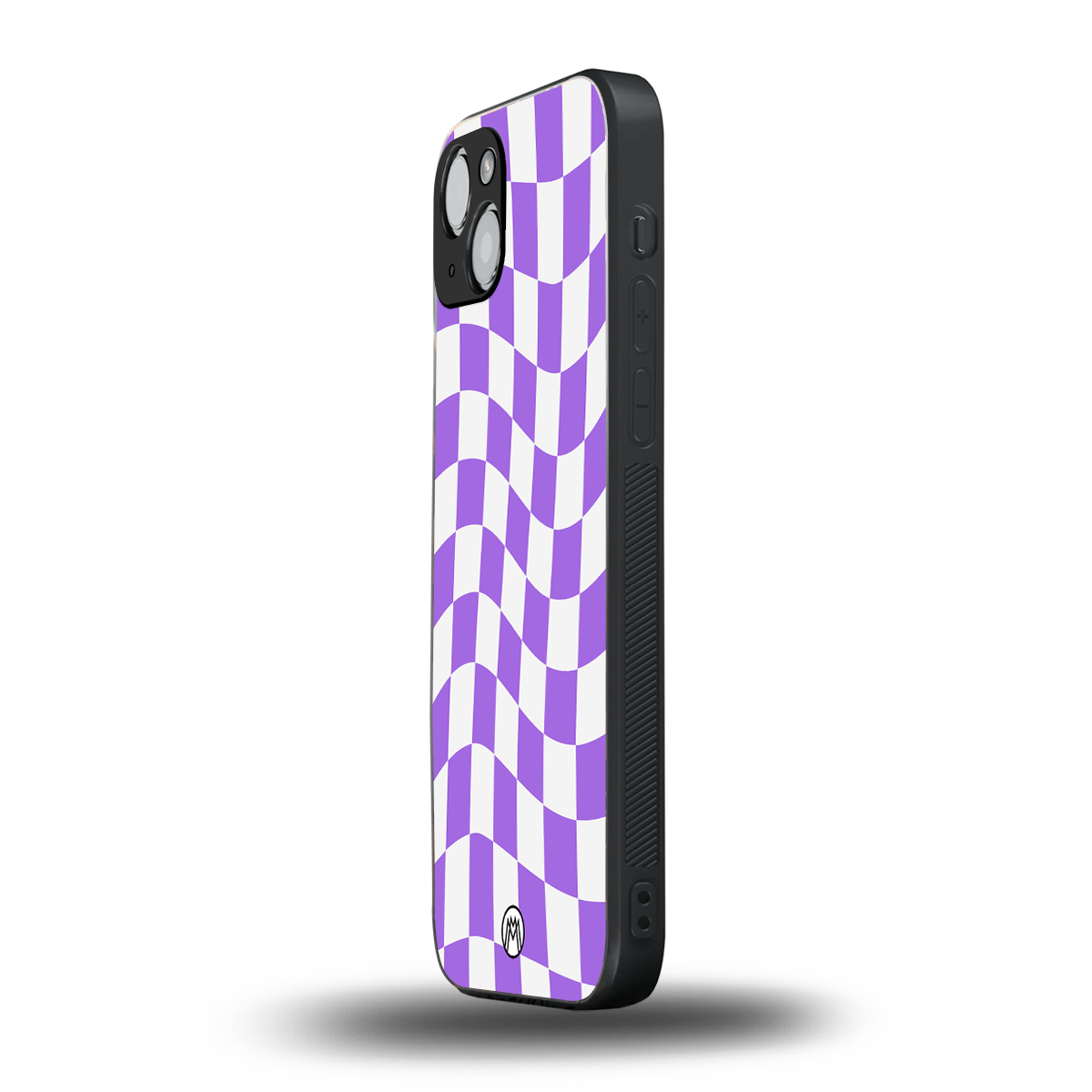 purple white trippy check pattern back phone cover | glass case for iphone 14 plus